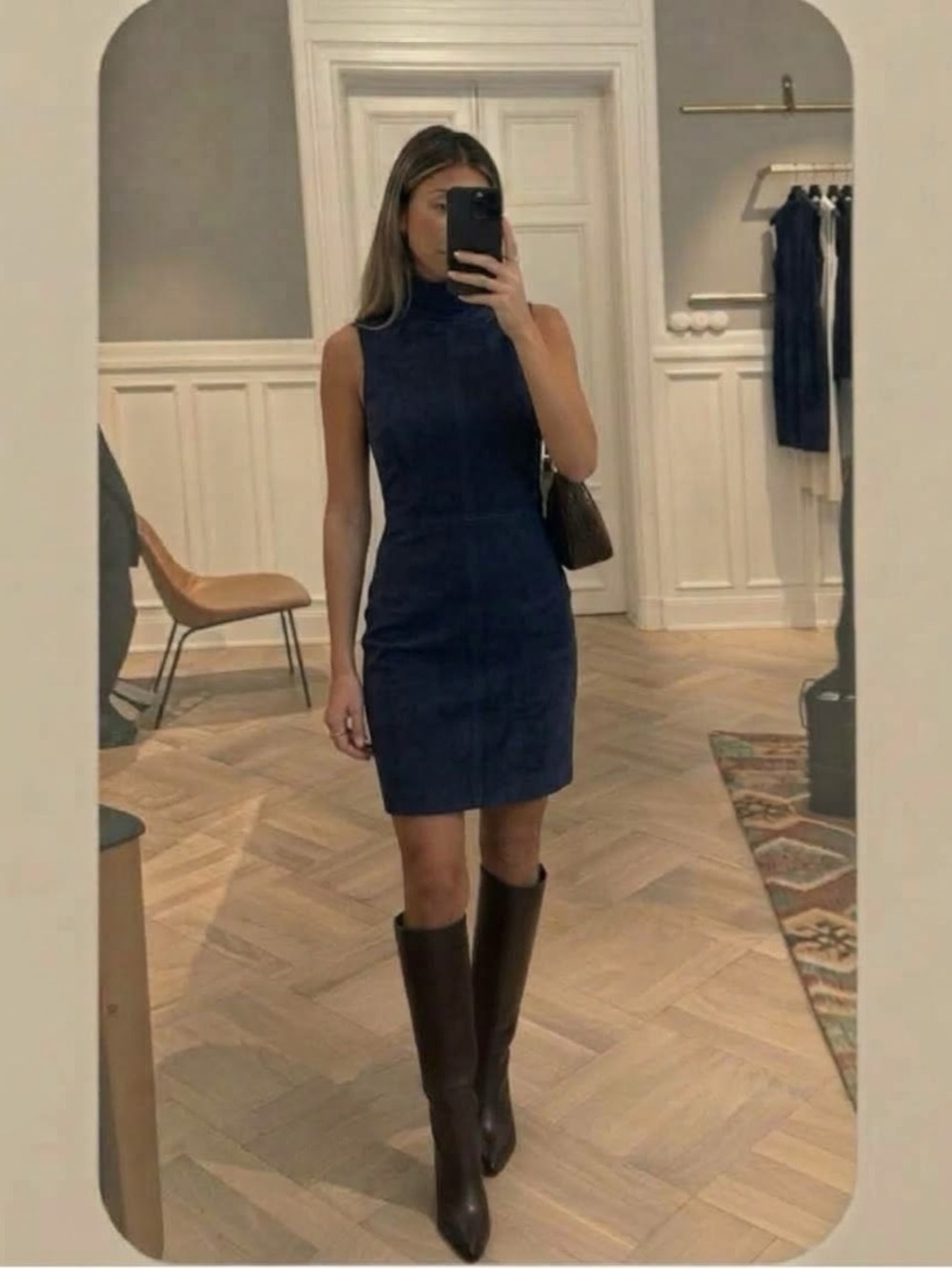 Theory Eulia Navy Lamb Leather Suede Sheath Dress Mock Neck Back Zip 00 XXS